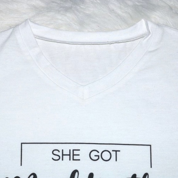 White Printed Lettering V Neck Short Sleeve Shirt - Picture 7 of 13